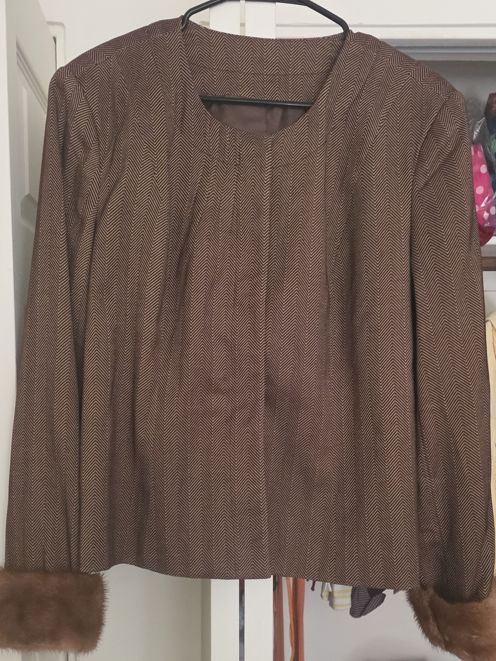 Vintage Brown Herringbone Blazer with Faux Fur Cuffs
